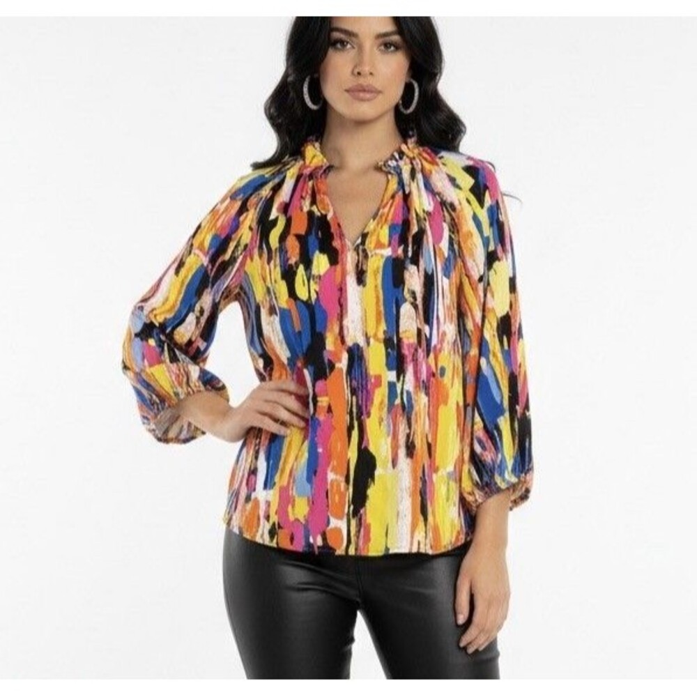 New York & Company Blouse Women M Abstract Print 3/4 Sleeve Colorful